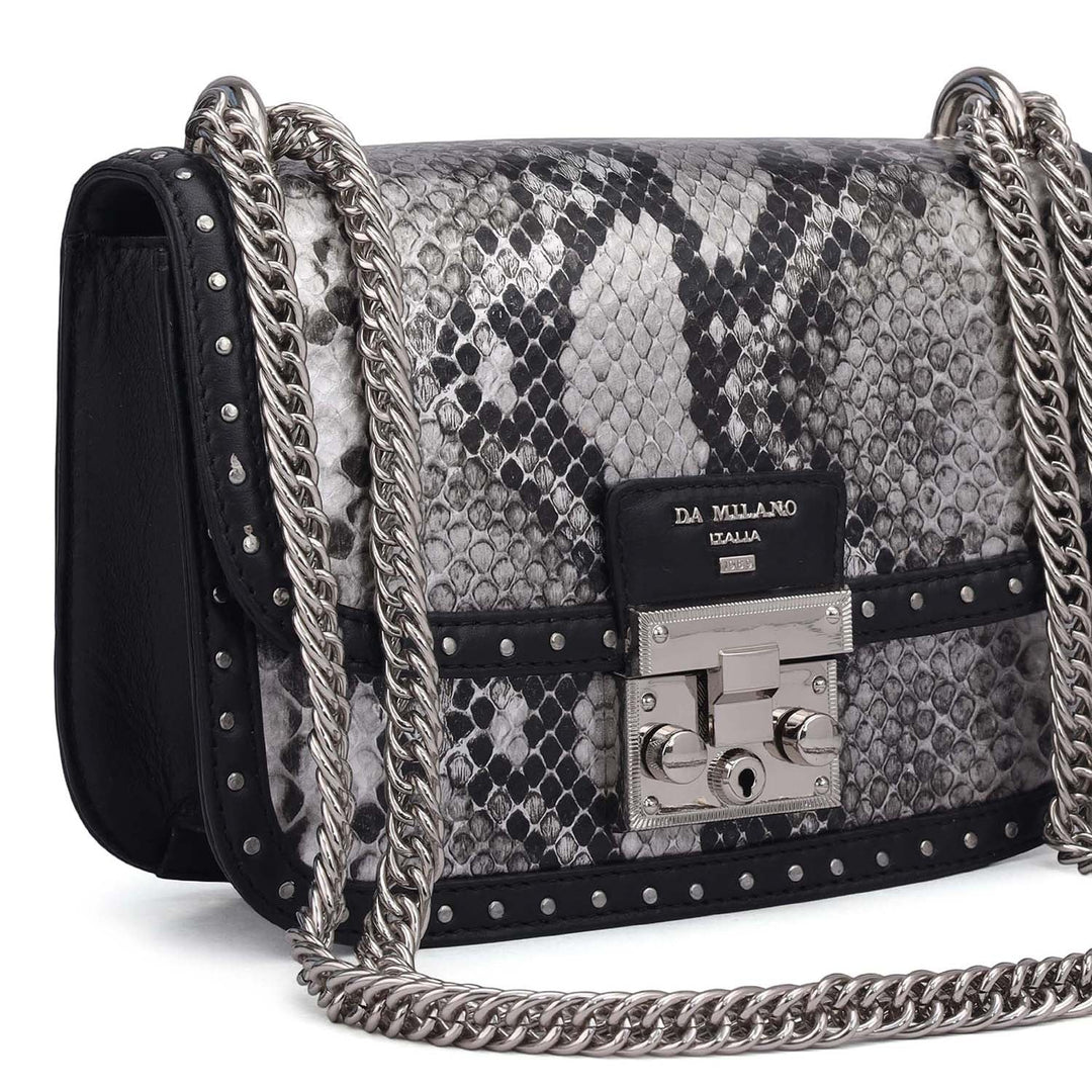 Small Snake Leather Shoulder Bag - Silver & Black