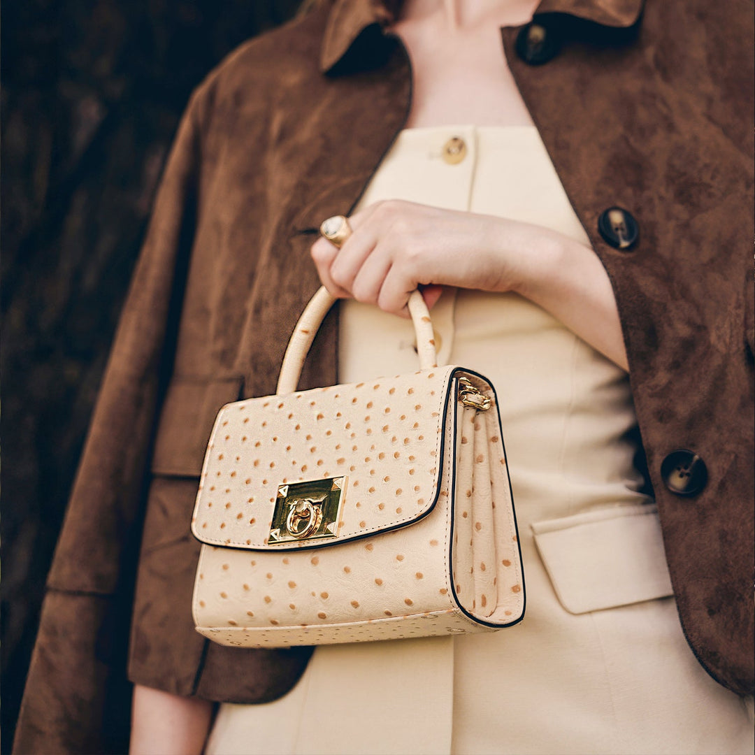 Small Ostrich Leather Satchel - Vanilla