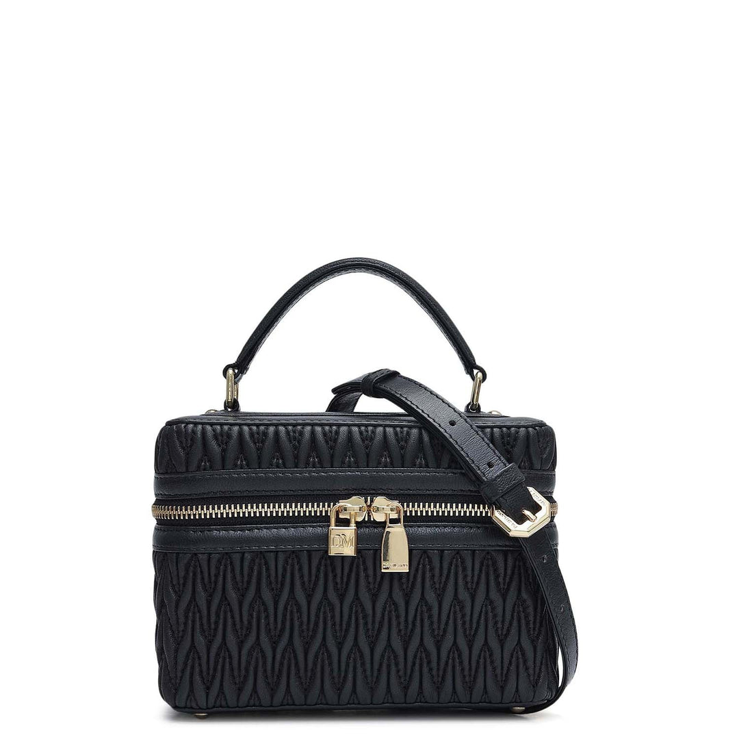 Small Quilting Plain Leather Satchel - Black