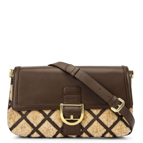 Small Fur Plain Leather Baguette - Beige & Brown