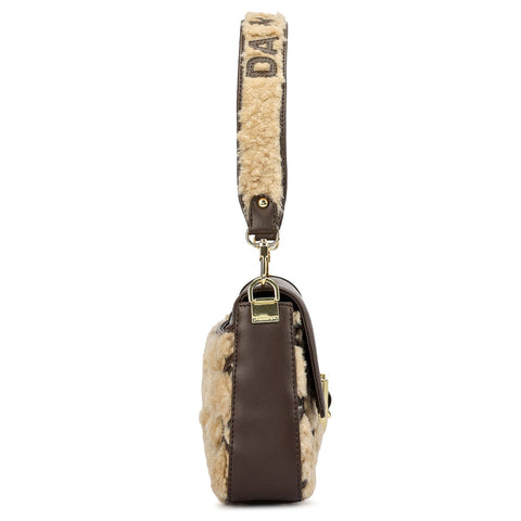 Small Fur Plain Leather Baguette - Beige & Brown