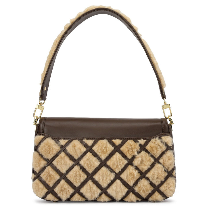 Small Fur Plain Leather Baguette - Beige & Brown