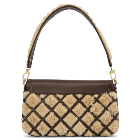 Small Fur Plain Leather Baguette - Beige & Brown