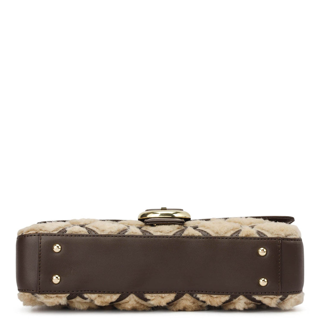 Small Fur Plain Leather Baguette - Beige & Brown