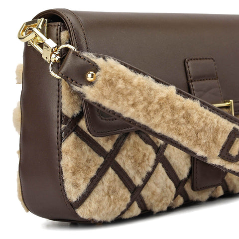 Small Fur Plain Leather Baguette - Beige & Brown