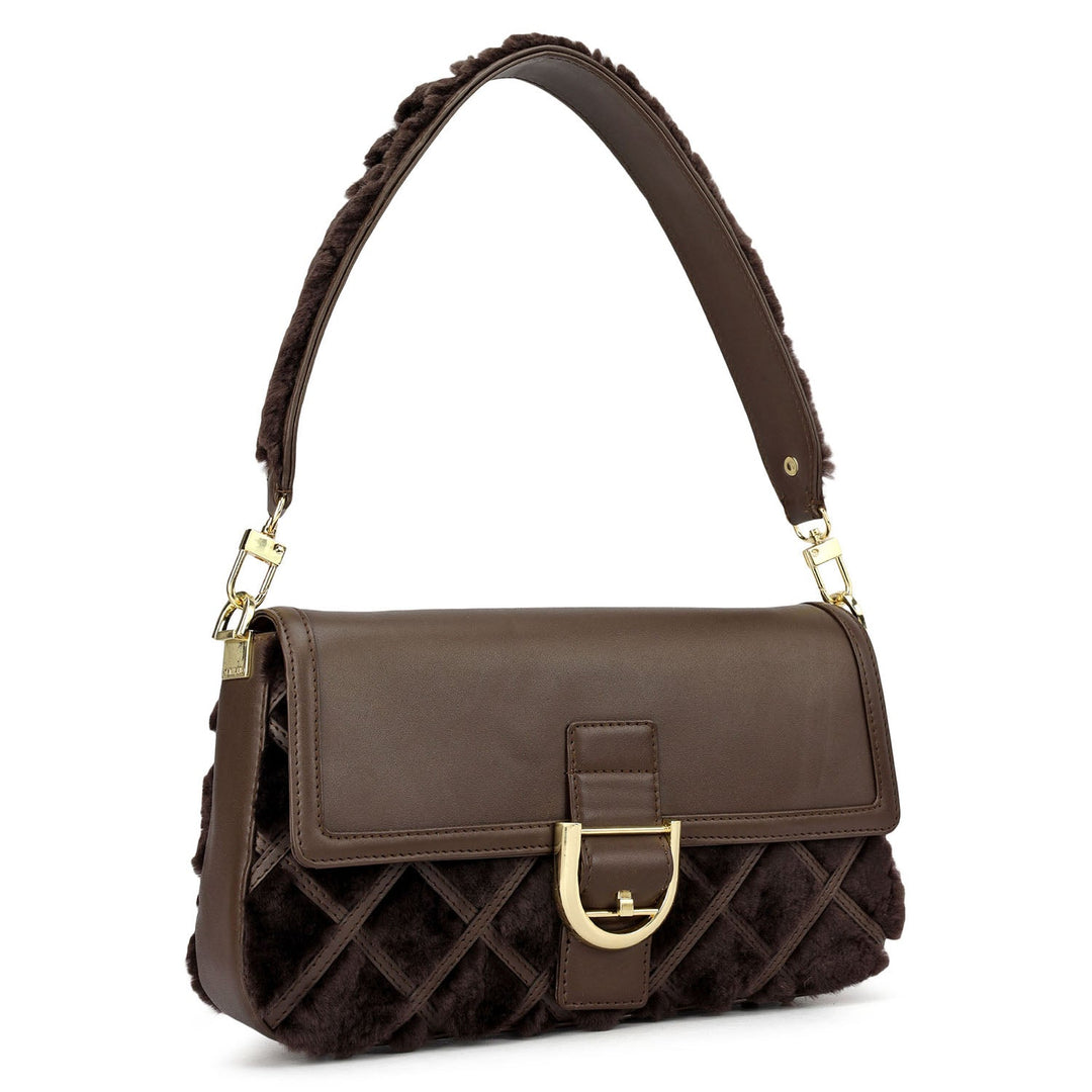 Small Fur Plain Leather Baguette - Brown