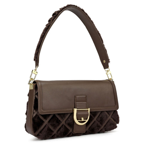 Small Fur Plain Leather Baguette - Brown
