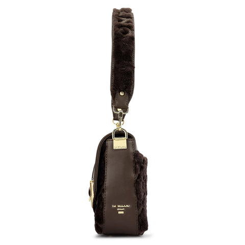 Small Fur Plain Leather Baguette - Brown