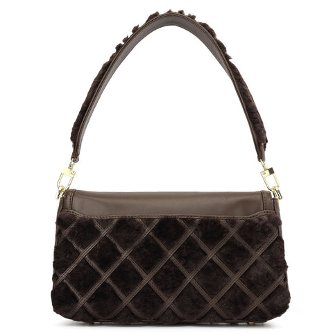Small Fur Plain Leather Baguette - Brown