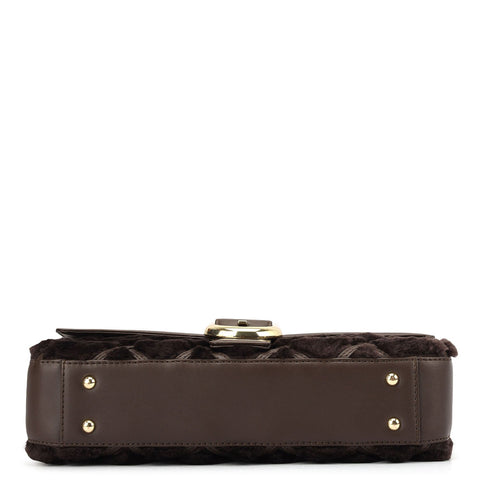 Small Fur Plain Leather Baguette - Brown