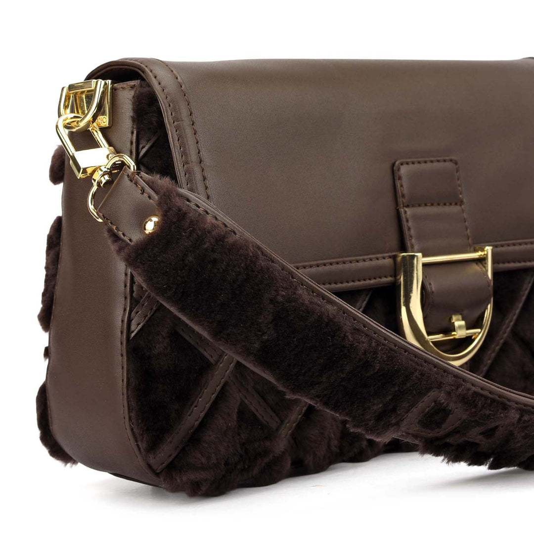 Small Fur Plain Leather Baguette - Brown