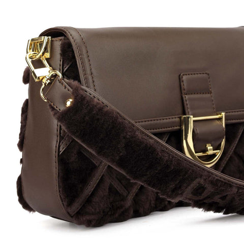 Small Fur Plain Leather Baguette - Brown