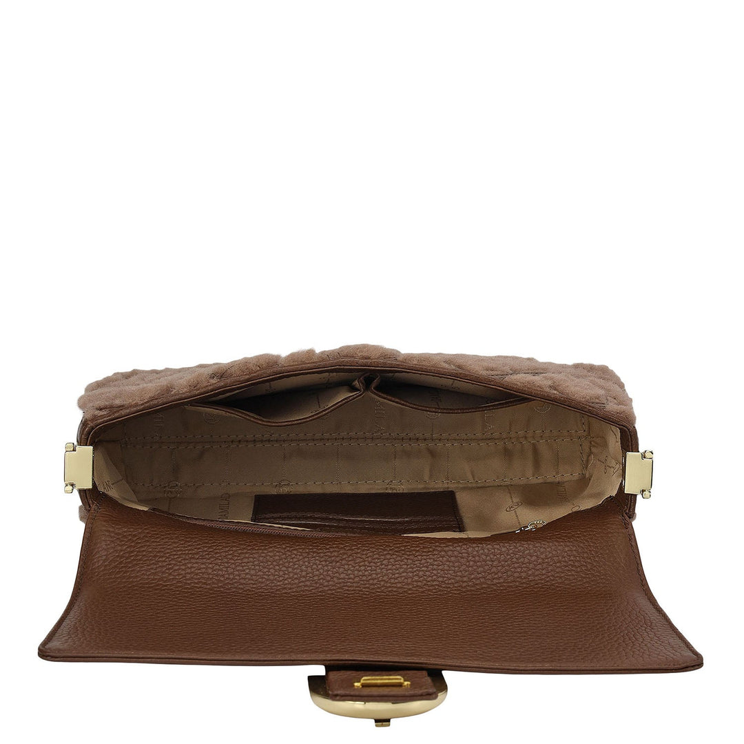 Small Fur Wax Leather Baguette - Brown