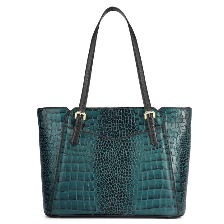 Medium Croco Leather Tote - Teal