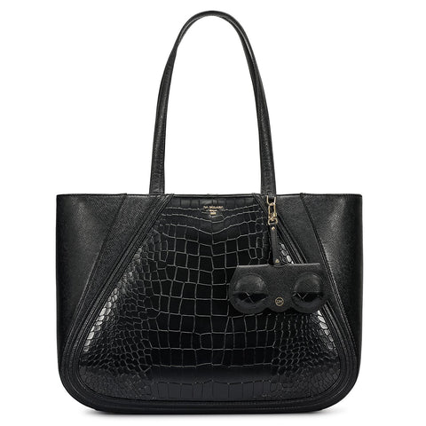 Large Croco Franzy Leather Tote - Black