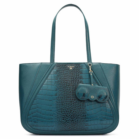 Large Croco Franzy Leather Tote - Teal