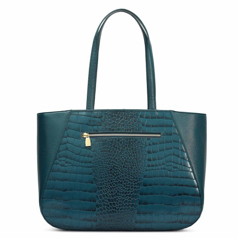 Large Croco Franzy Leather Tote - Teal