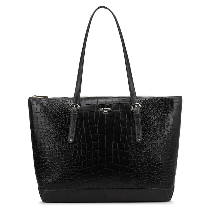 Large Croco Leather Tote - Black