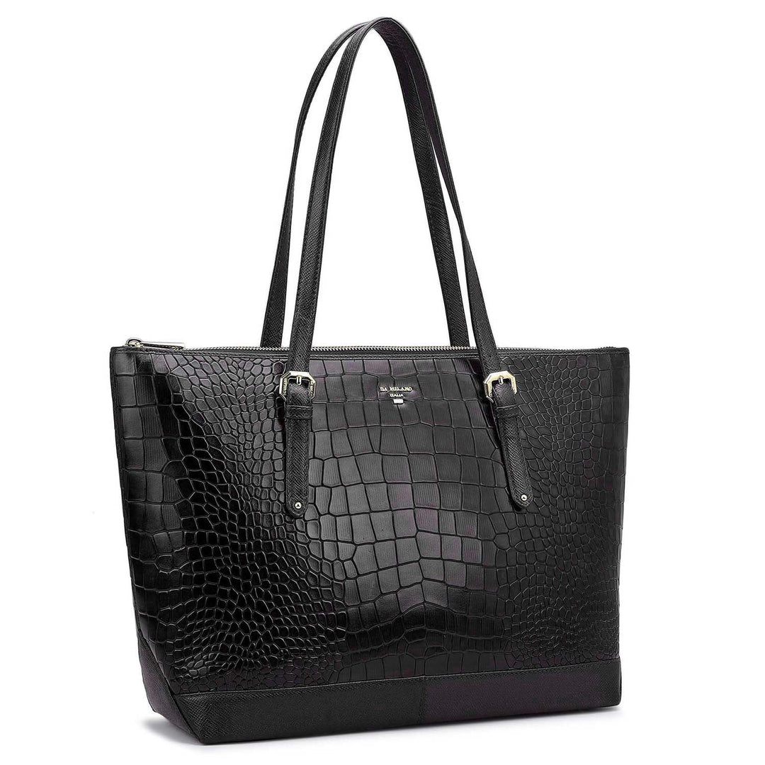 Large Croco Leather Tote - Black