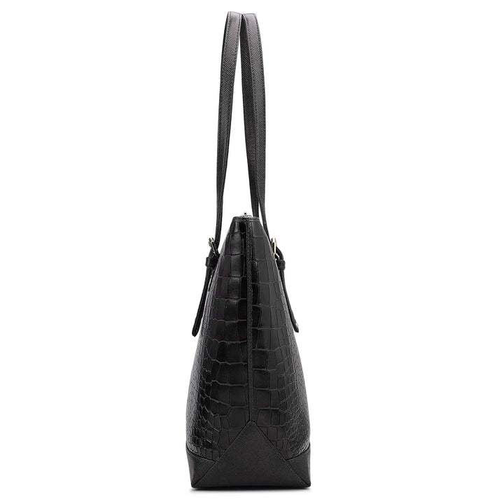 Large Croco Leather Tote - Black