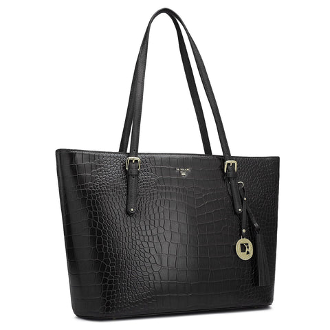 Large Croco Leather Tote - Black