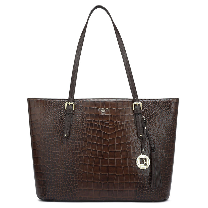 Large Croco Leather Tote - Brown