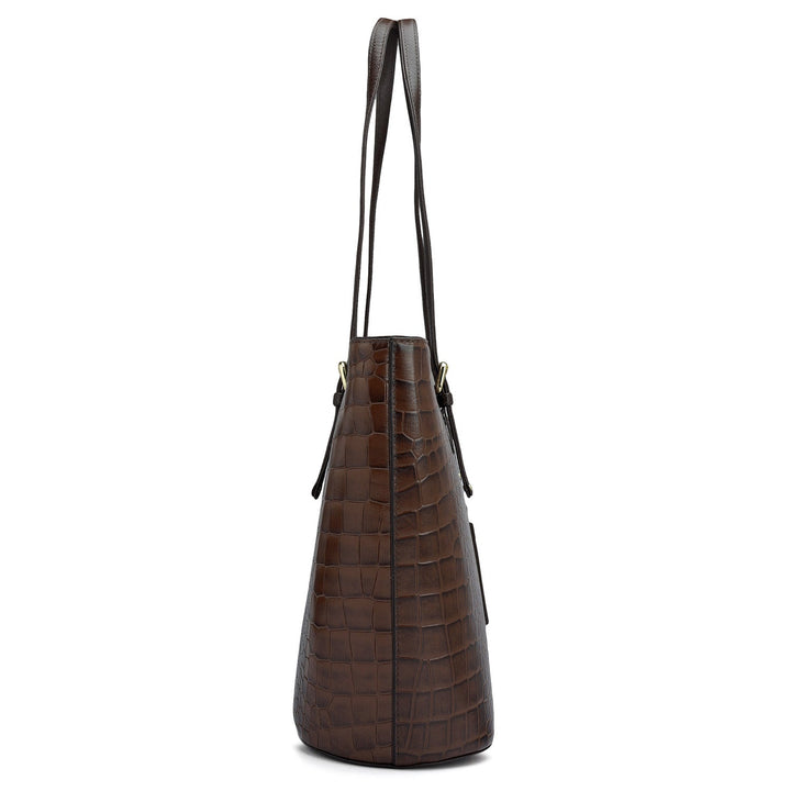 Large Croco Leather Tote - Brown