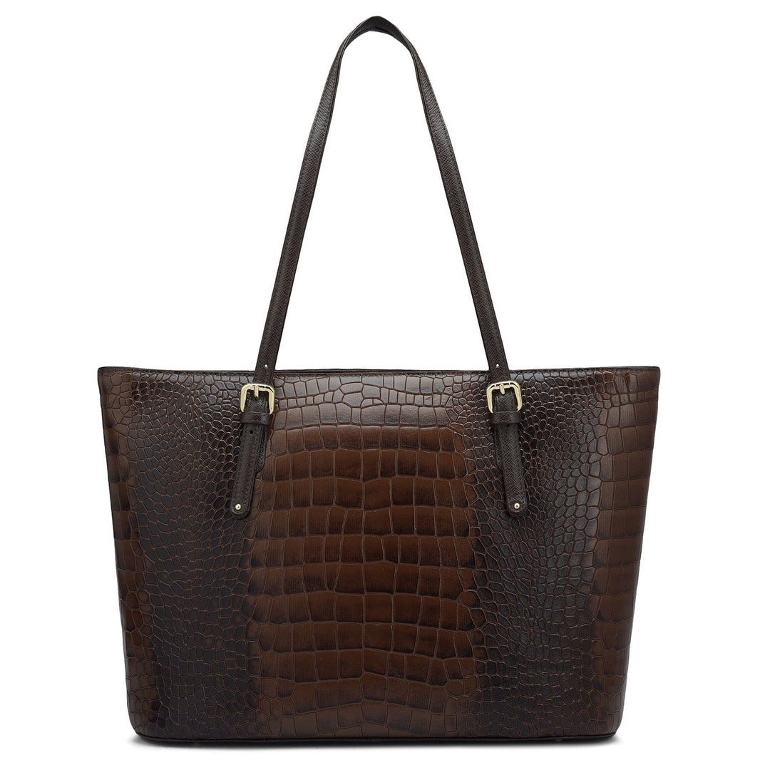 Large Croco Leather Tote - Brown