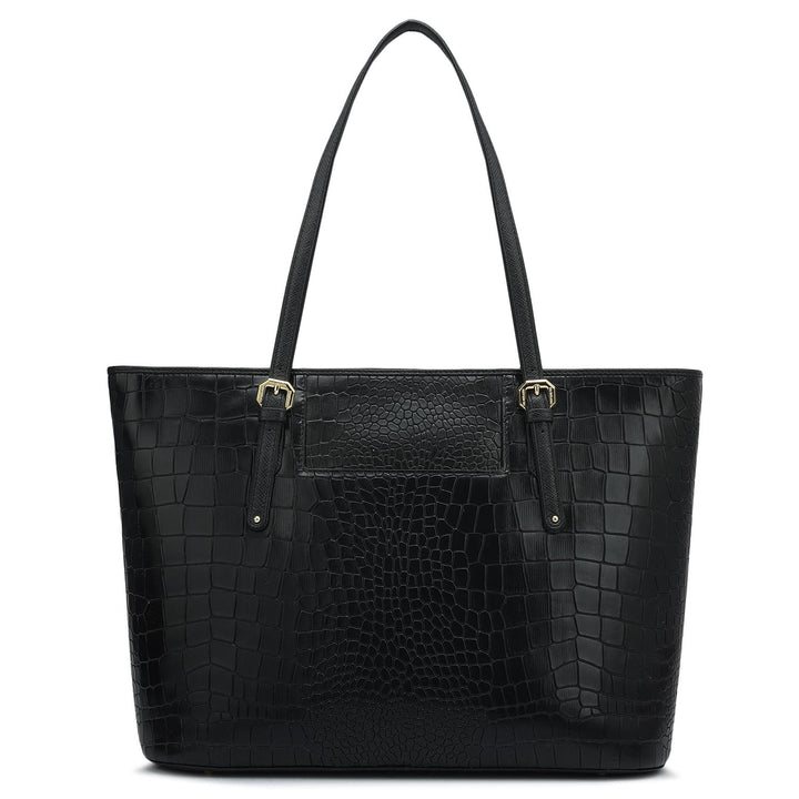 Large Croco Leather Tote - Black