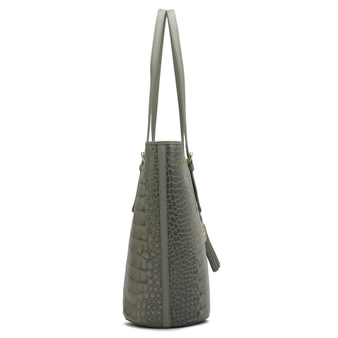 Large Croco Leather Tote - Stone Grey