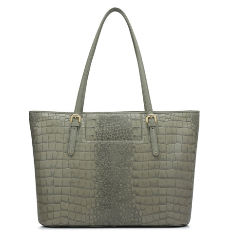 Large Croco Leather Tote - Stone Grey