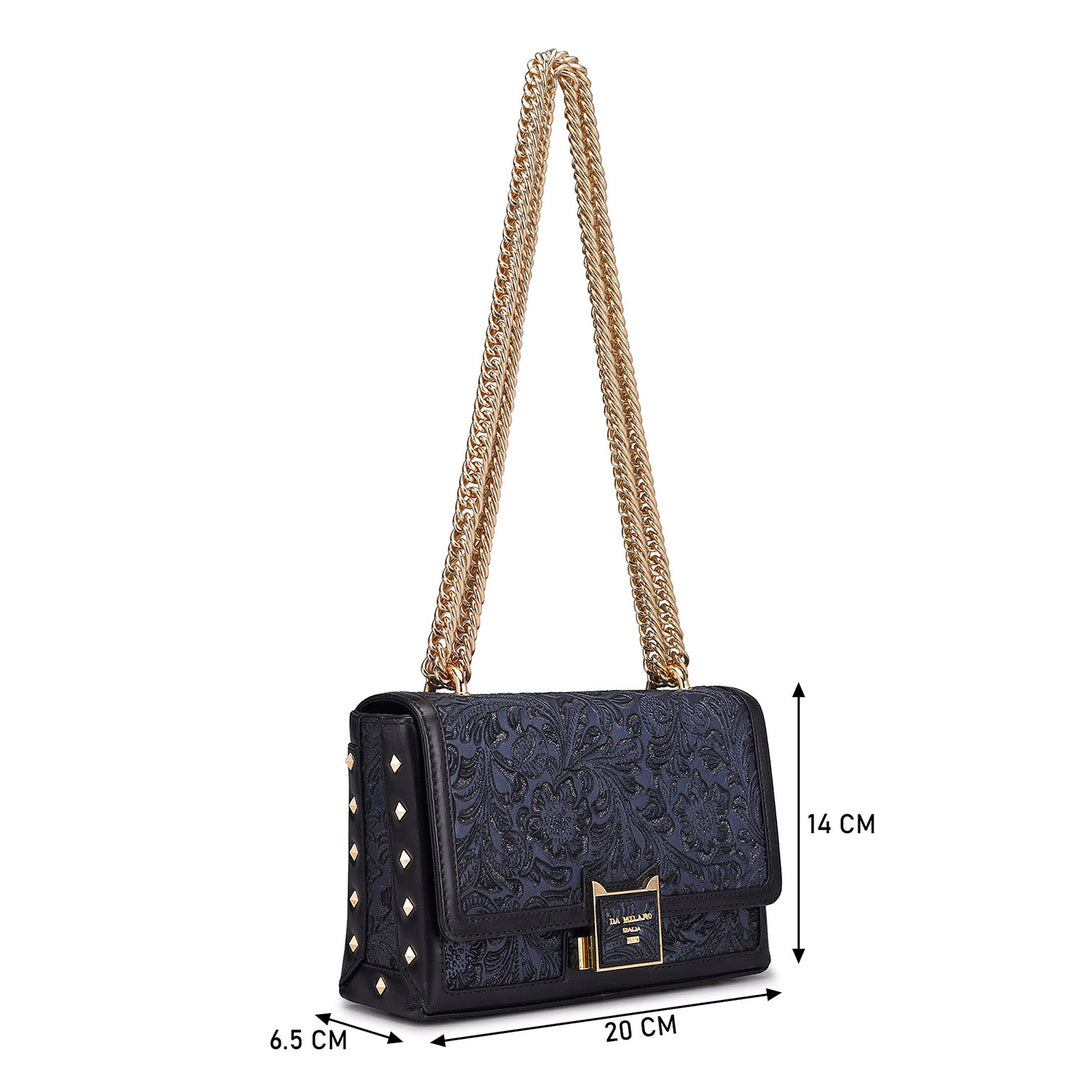 Small Floral Leather Shoulder Bag - Navy Blue