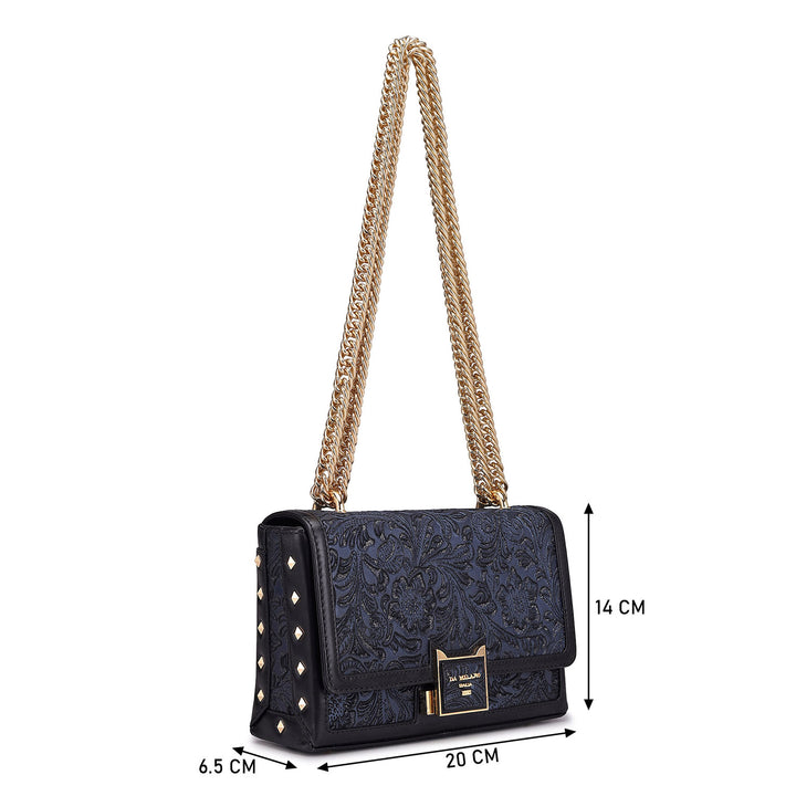 Small Floral Leather Shoulder Bag - Navy Blue