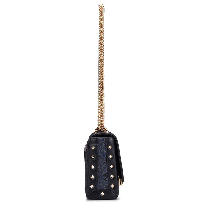 Small Floral Leather Shoulder Bag - Navy Blue