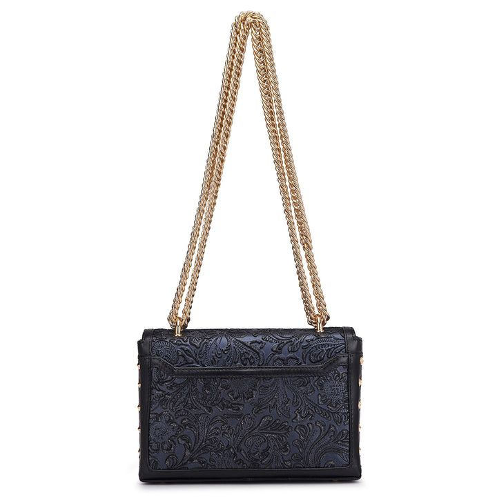 Small Floral Leather Shoulder Bag - Navy Blue
