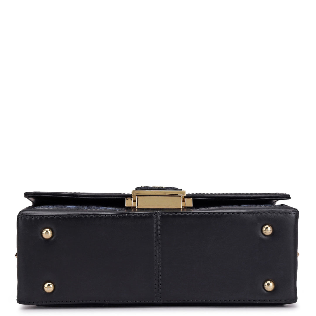 Small Floral Leather Shoulder Bag - Navy Blue