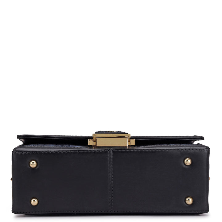 Small Floral Leather Shoulder Bag - Navy Blue