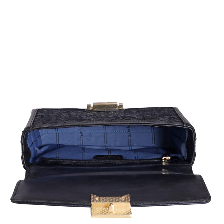Small Floral Leather Shoulder Bag - Navy Blue