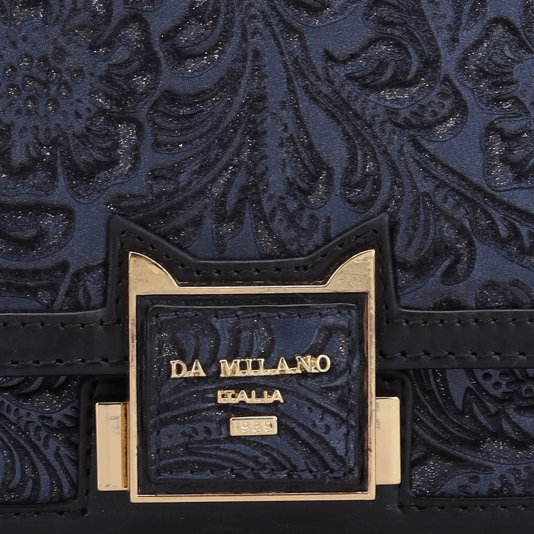 Small Floral Leather Shoulder Bag - Navy Blue