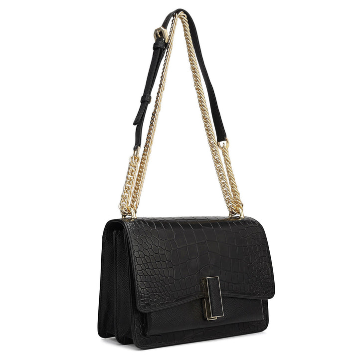 Small Croco Franzy Leather Shoulder Bag - Black