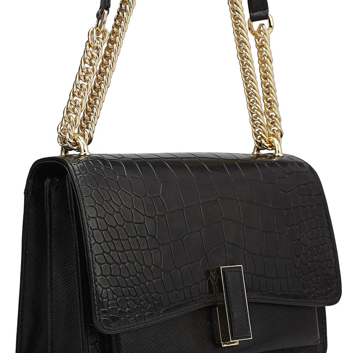 Small Croco Franzy Leather Shoulder Bag - Black