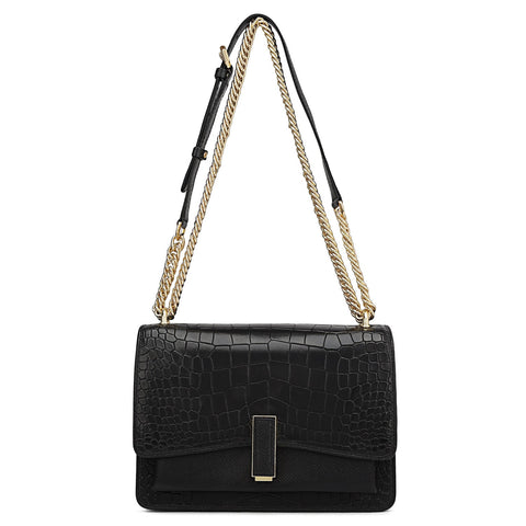Small Croco Franzy Leather Shoulder Bag - Black