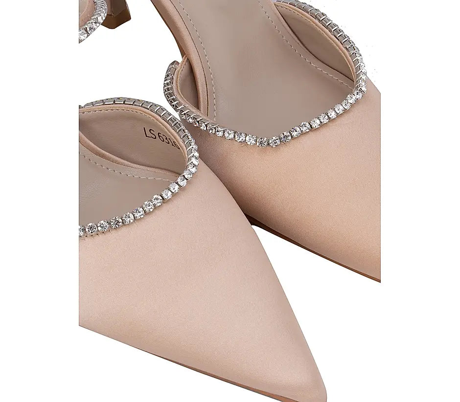 Beige Pointed Toe Studded Pumps