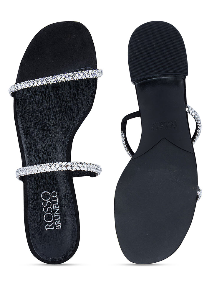 Black Embellished Strappy Flats