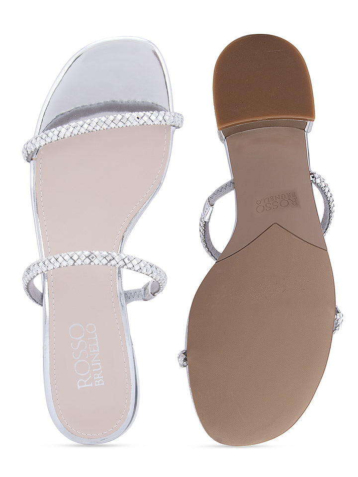 Silver Embellished Strappy Flats