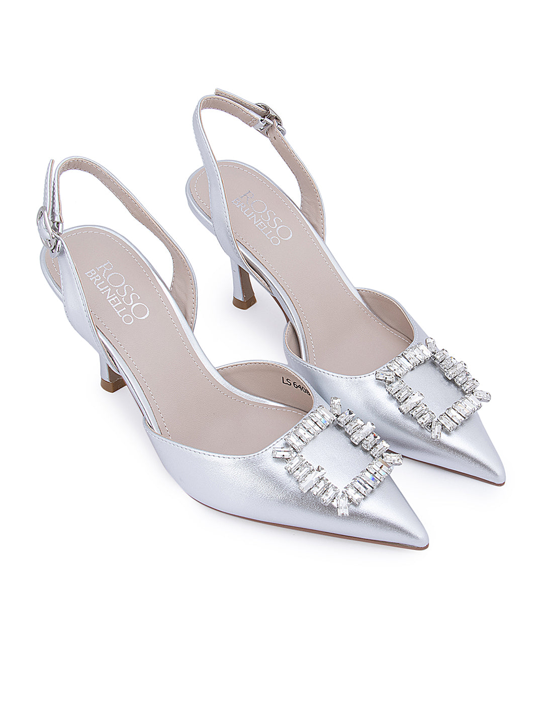 Silver Buckle Embellished Slingback Heels