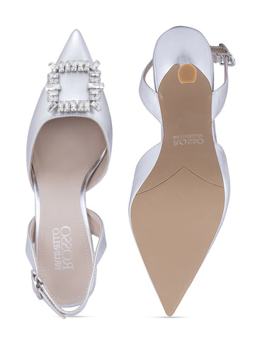 Silver Buckle Embellished Slingback Heels