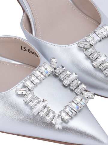 Silver Buckle Embellished Slingback Heels