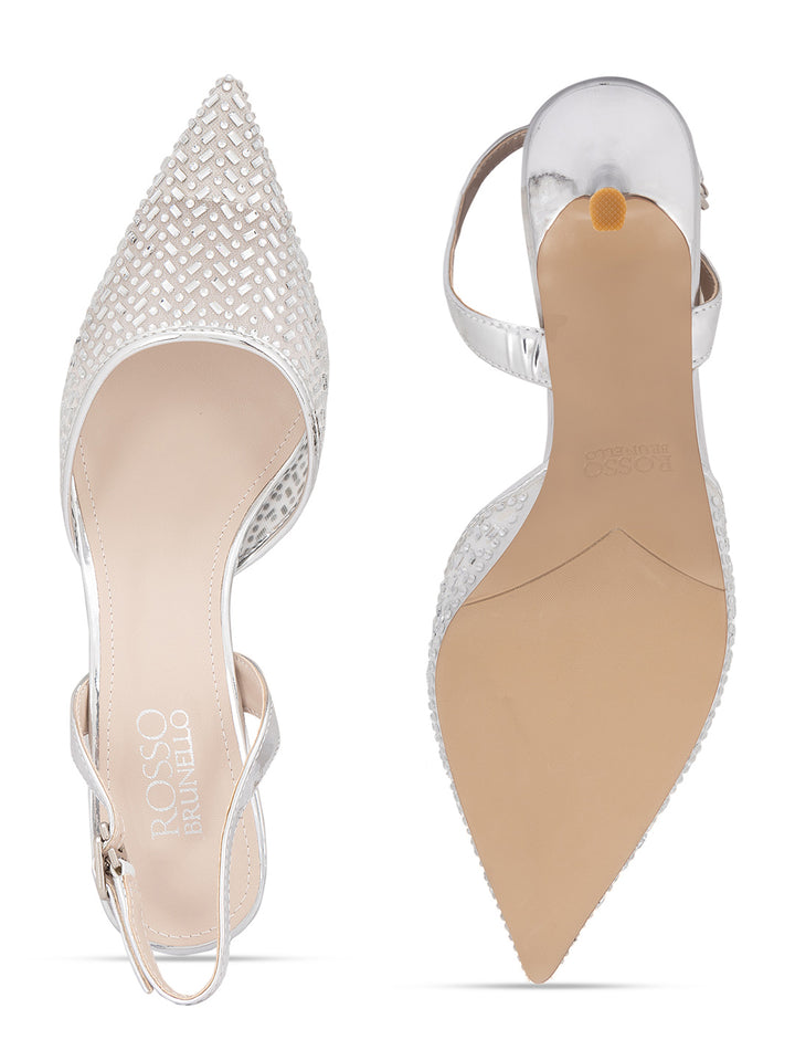 Silver Embellished Slingback Heels