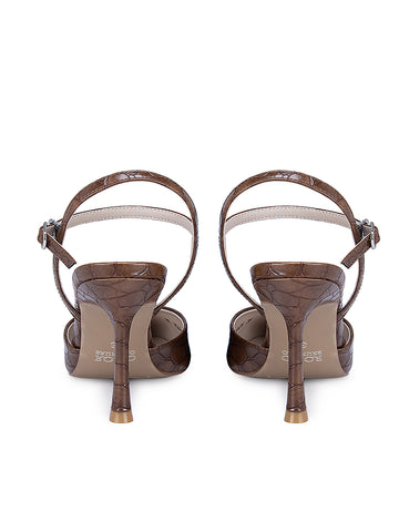 Brown Textured Leather Slingback Heels